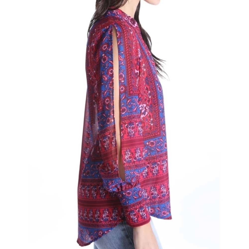 KUT Red and Blue V-Neck Long Benica Slit Sleeve Blouse - Picture 3 of 8